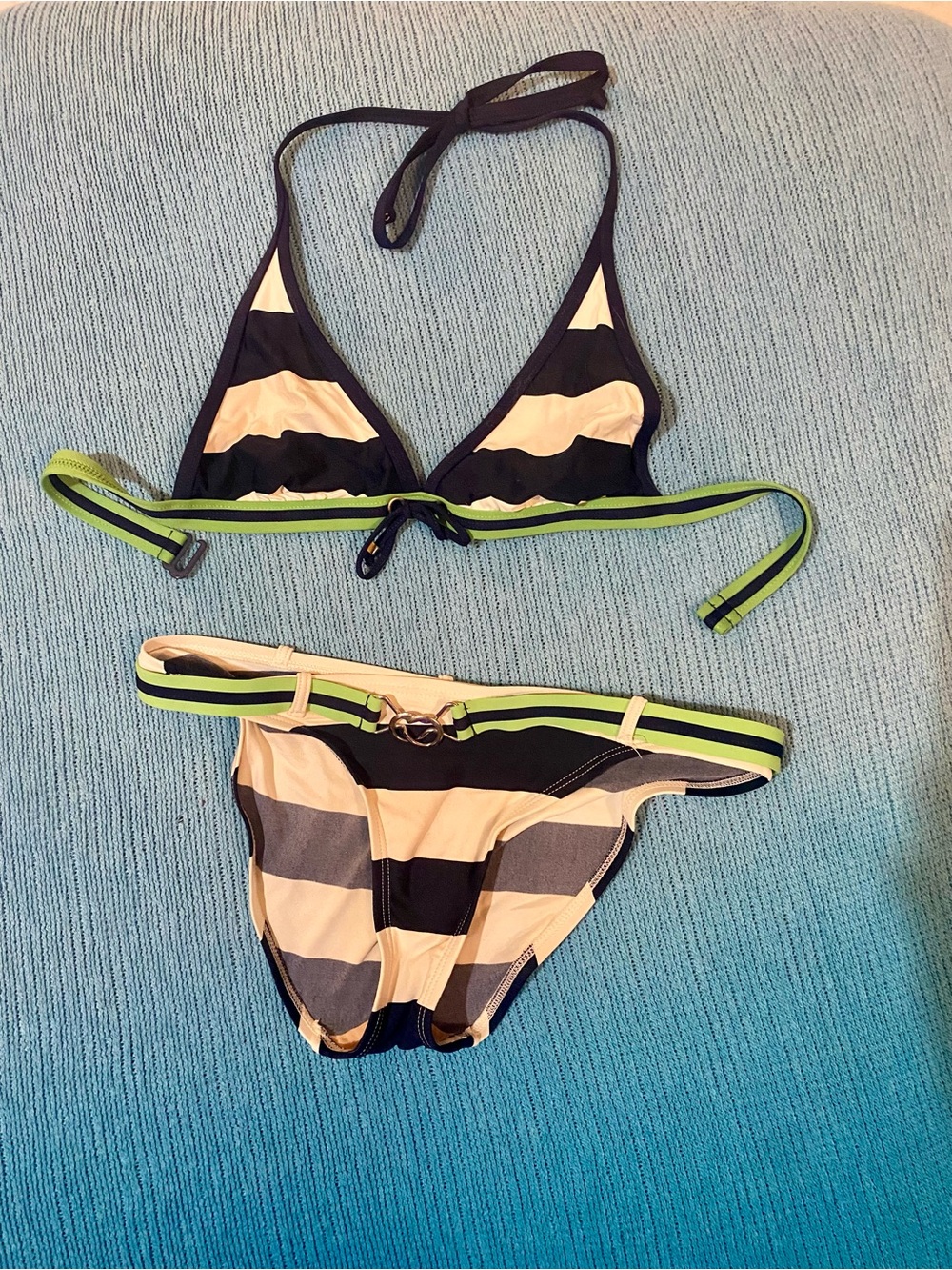Belted Striped Triangle Bikini Set in Navy, White & green